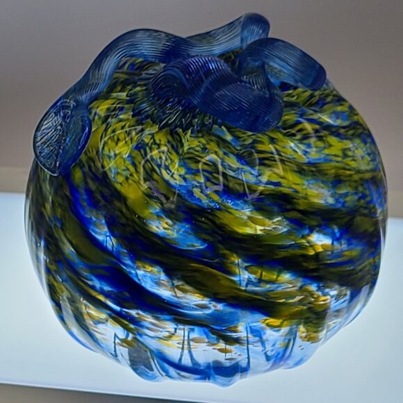 John Fenton Art Glass Pumpkin Blue Yellow Frit Appears Greenish 2014 4 1/2" Dm - Picture 10 of 11